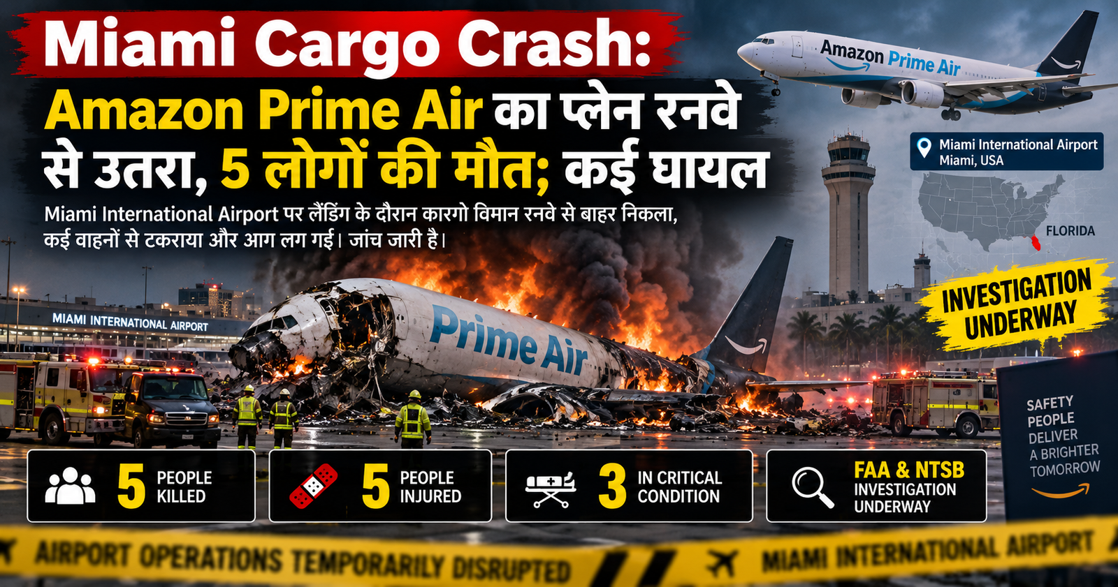 Miami Cargo Plane Crash: Amazon Prime Air विमान रनवे से उतरा, 5 की मौत; जानिए पूरा मामला